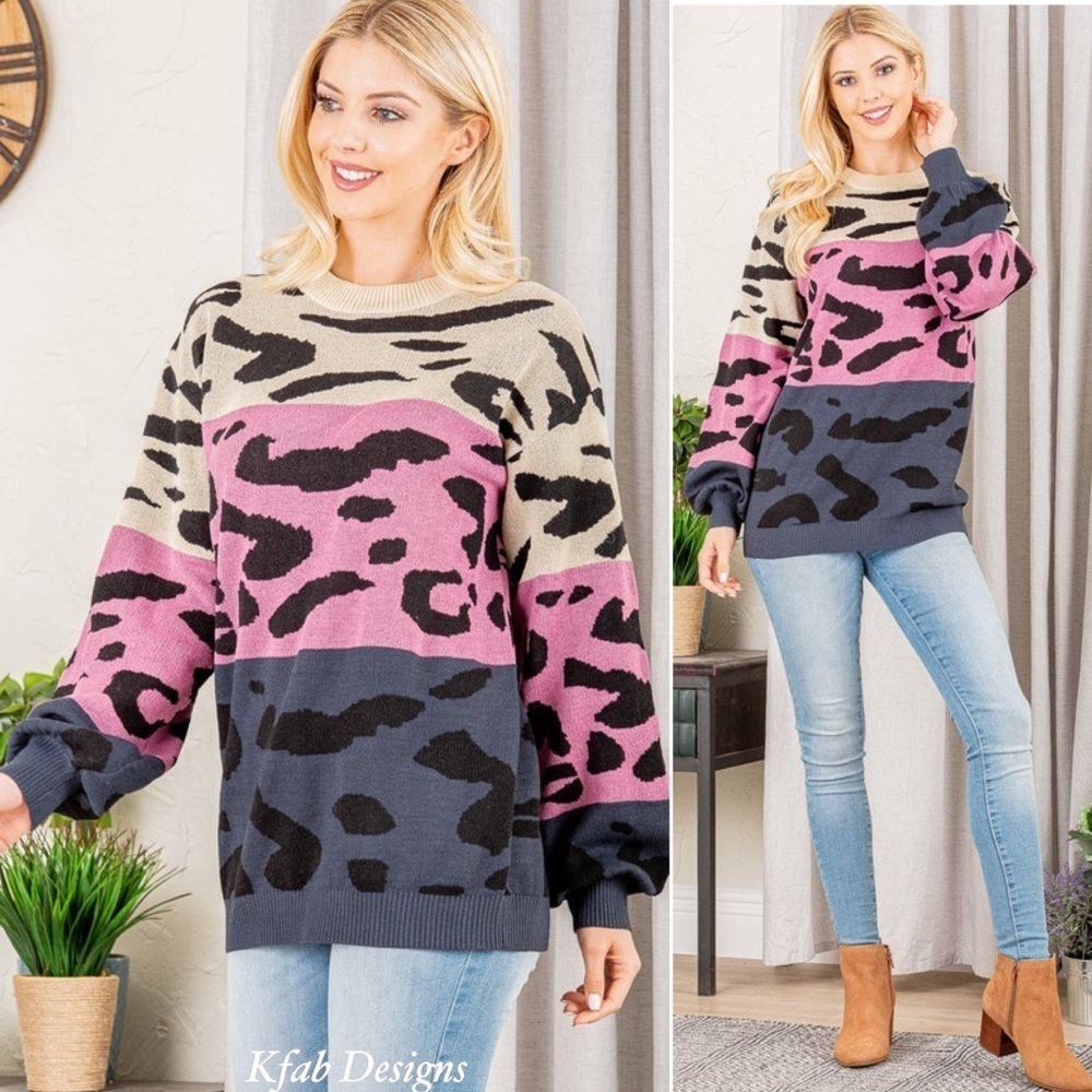 Last 1! Vibrant Color Block Super Soft Animal Print Puff Sleeve Sweater! - Picture 5 of 10